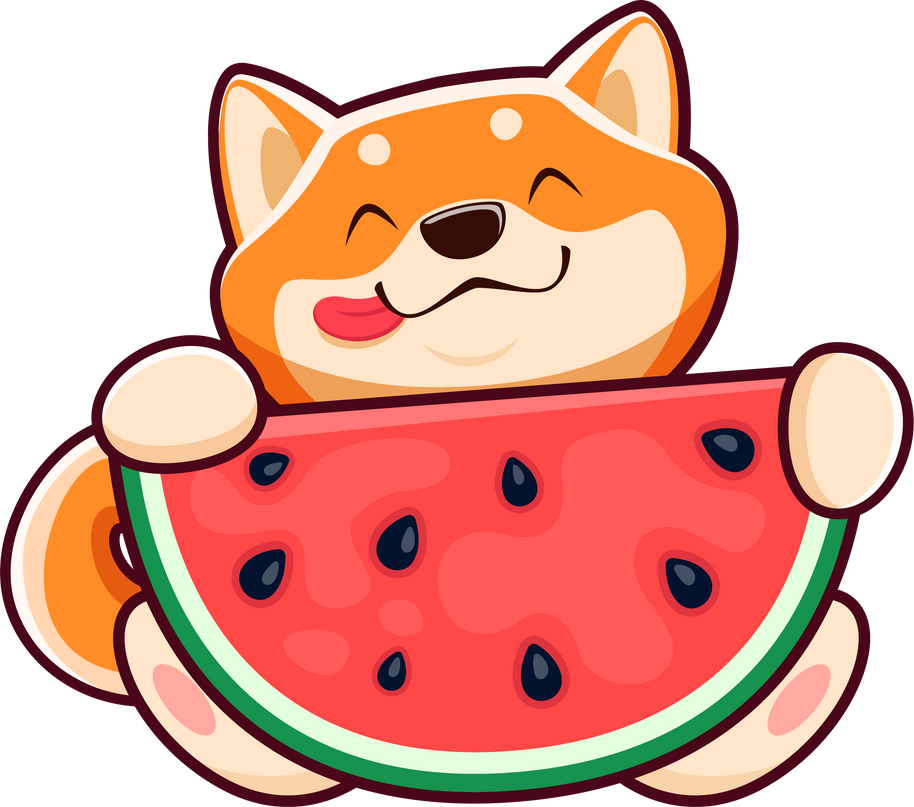 Cartoon Happy Shiba Inu Dog Eating Watermelon