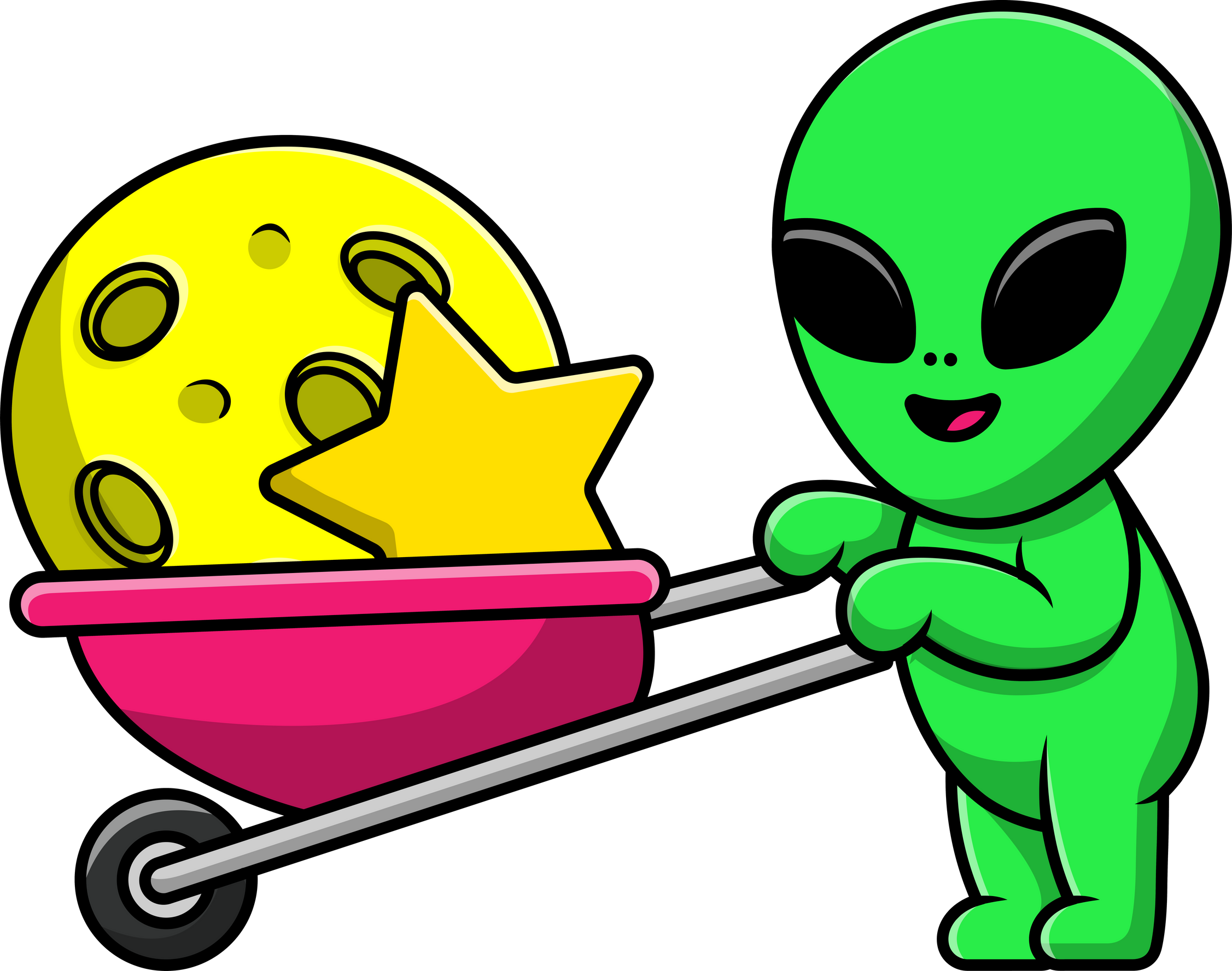 Cute Alien Bring Moon And Star  With Trolley Cartoon