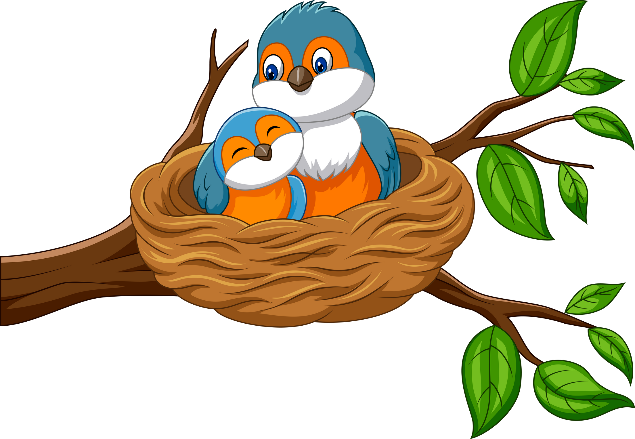 Cartoon mother bird with her baby in the nest