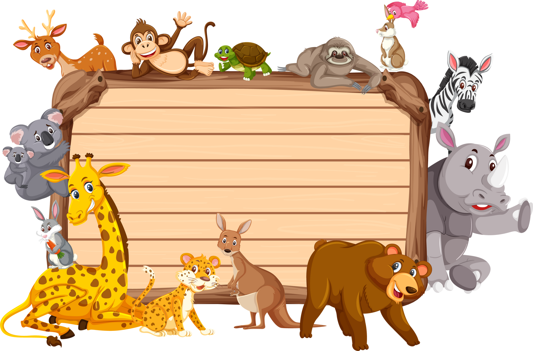 Empty wooden board with various wild animals