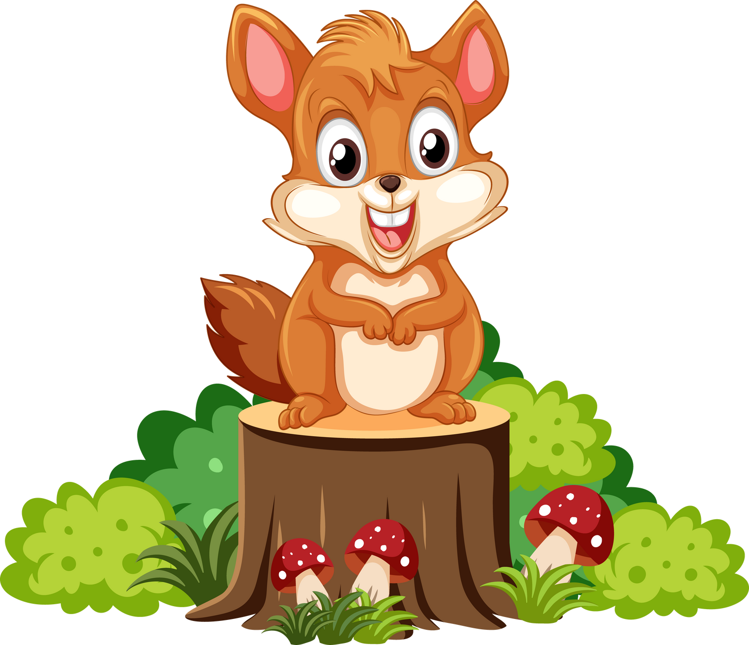 Cute Squirrel Cartoon Character Standing on Tree Stump