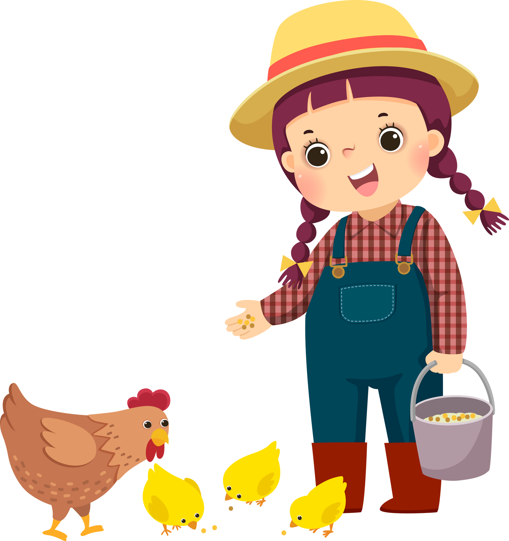 Cartoon little girl feeds chickens and hens