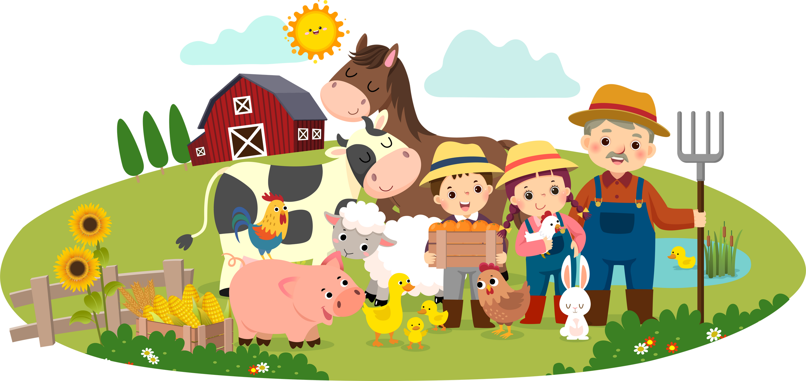 Cartoon farmer and kids with farm animals on the farm