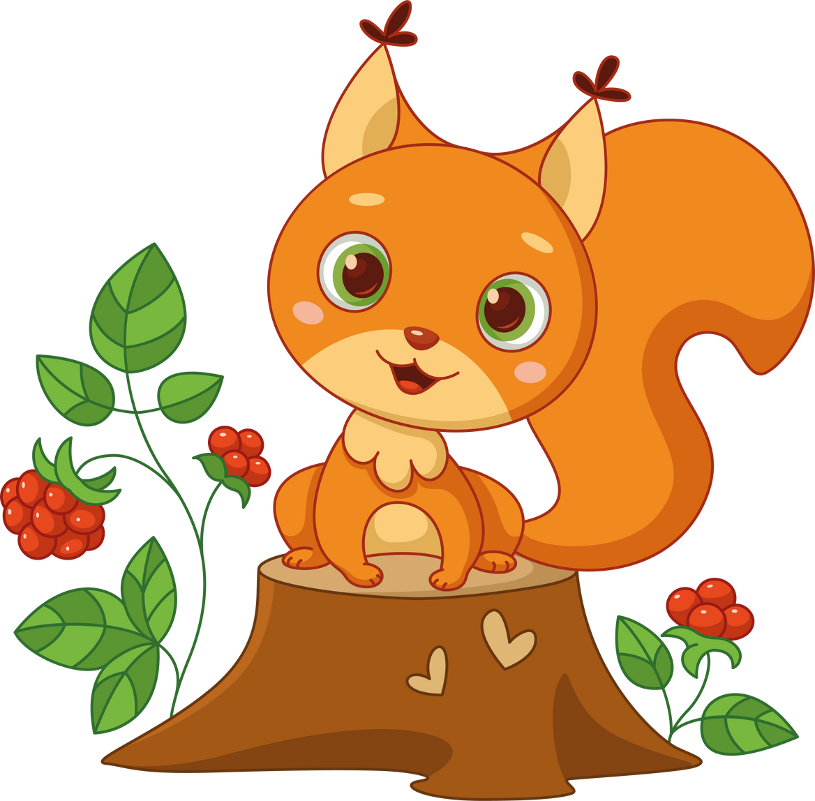 Cute Squirrel Sitting on Stump Cartoon Illustration