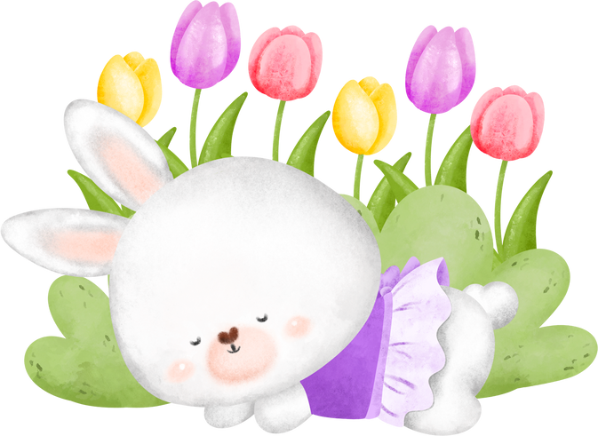 cute rabbit and tulips