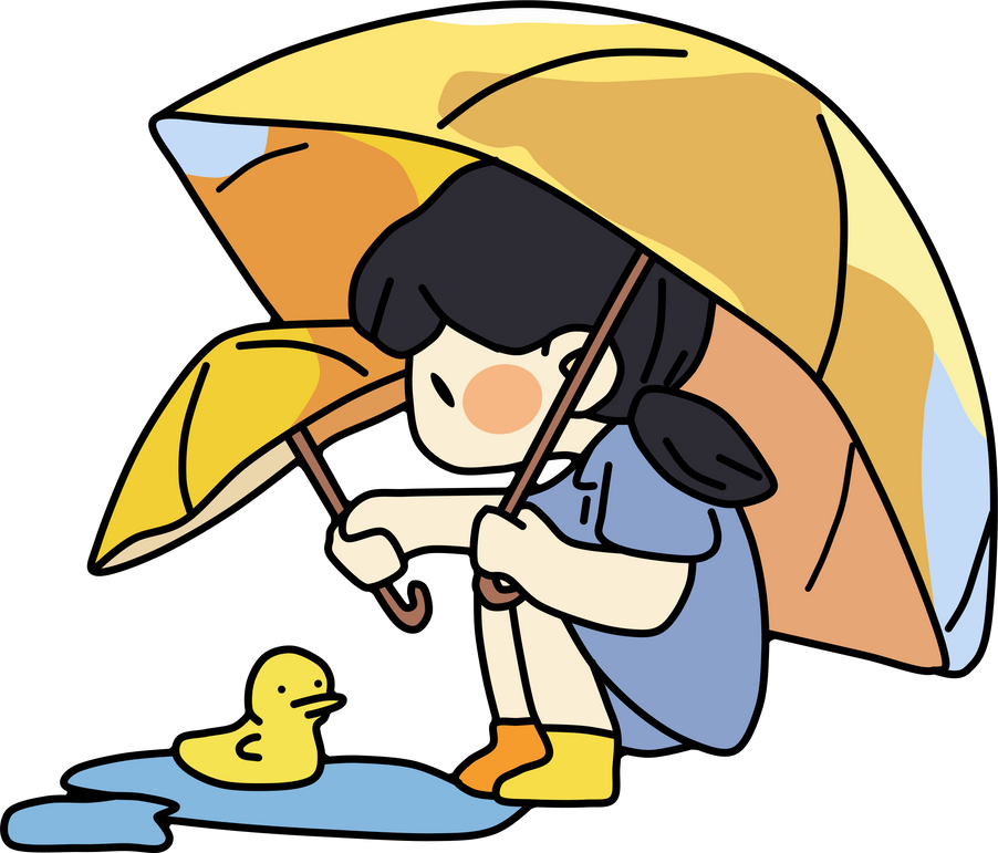 Little girl gives an umbrella to a duck that got caught in the rain