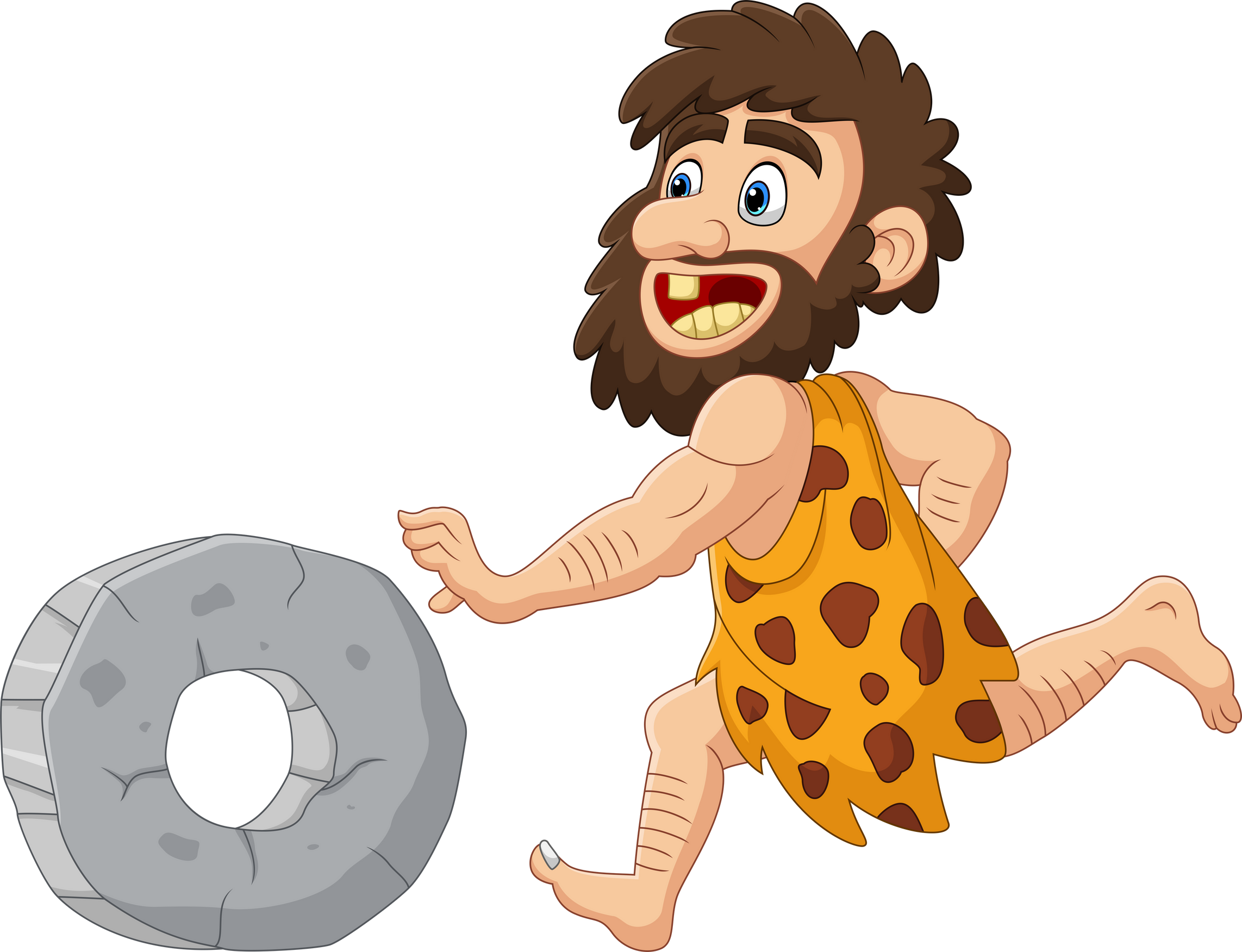 Vector cartoon caveman chasing stone wheel