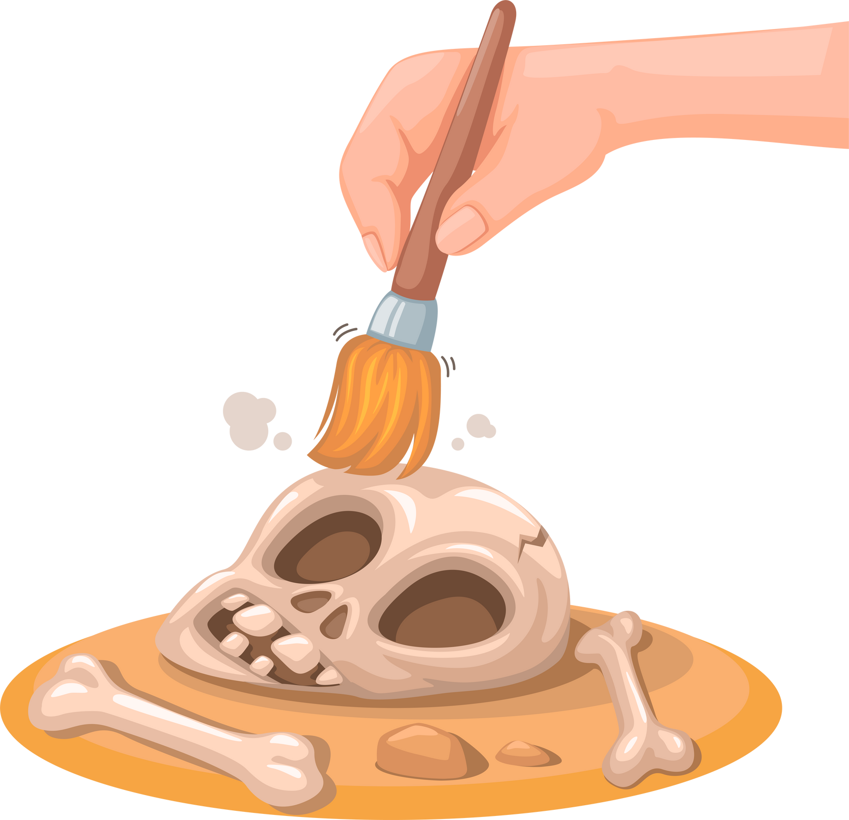 Archaeologist brushing skeleton and bone from desert sand symbol illustration