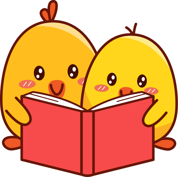 Cute couple animal yellow little duck or little chick reading book emoji cartoon kawaii element