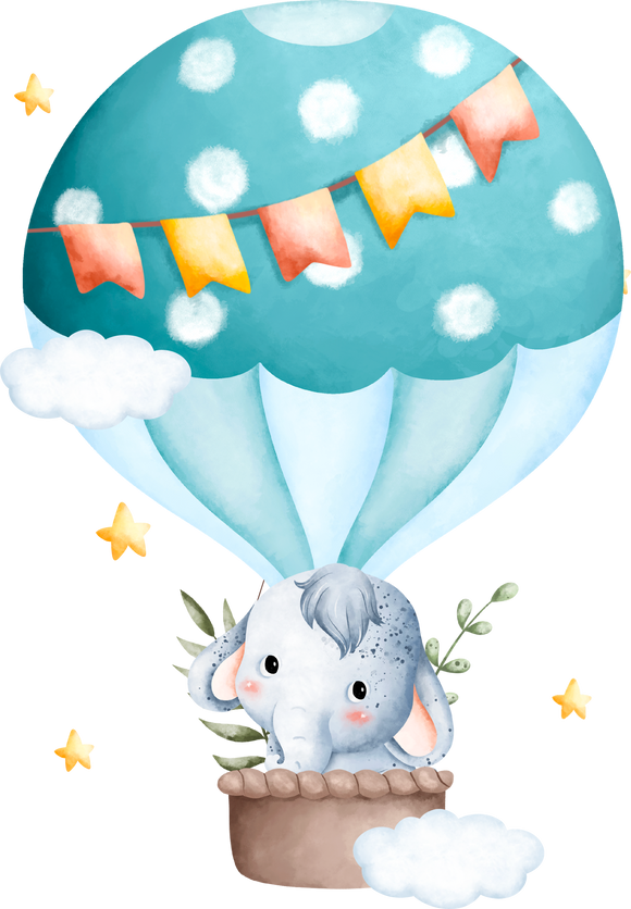 Watercolor illustration Cute baby elephant in hot air balloon