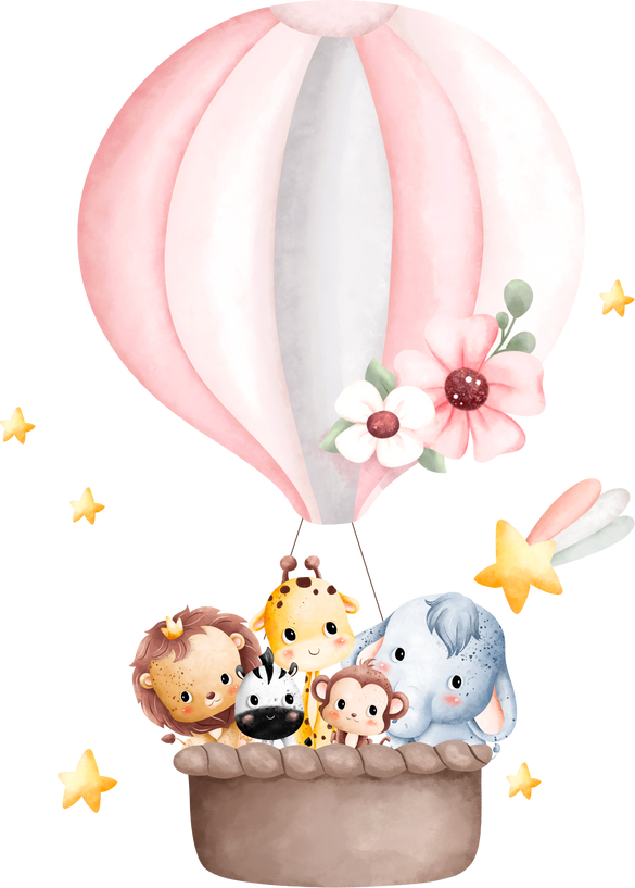 Watercolor illustration Cute baby animals in hot air balloon