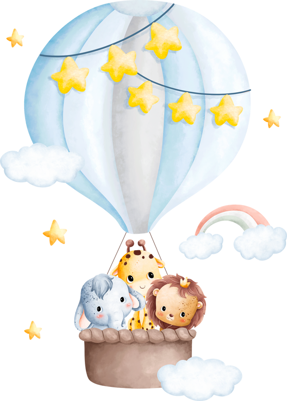 Watercolor illustration Cute baby animals in hot air balloon