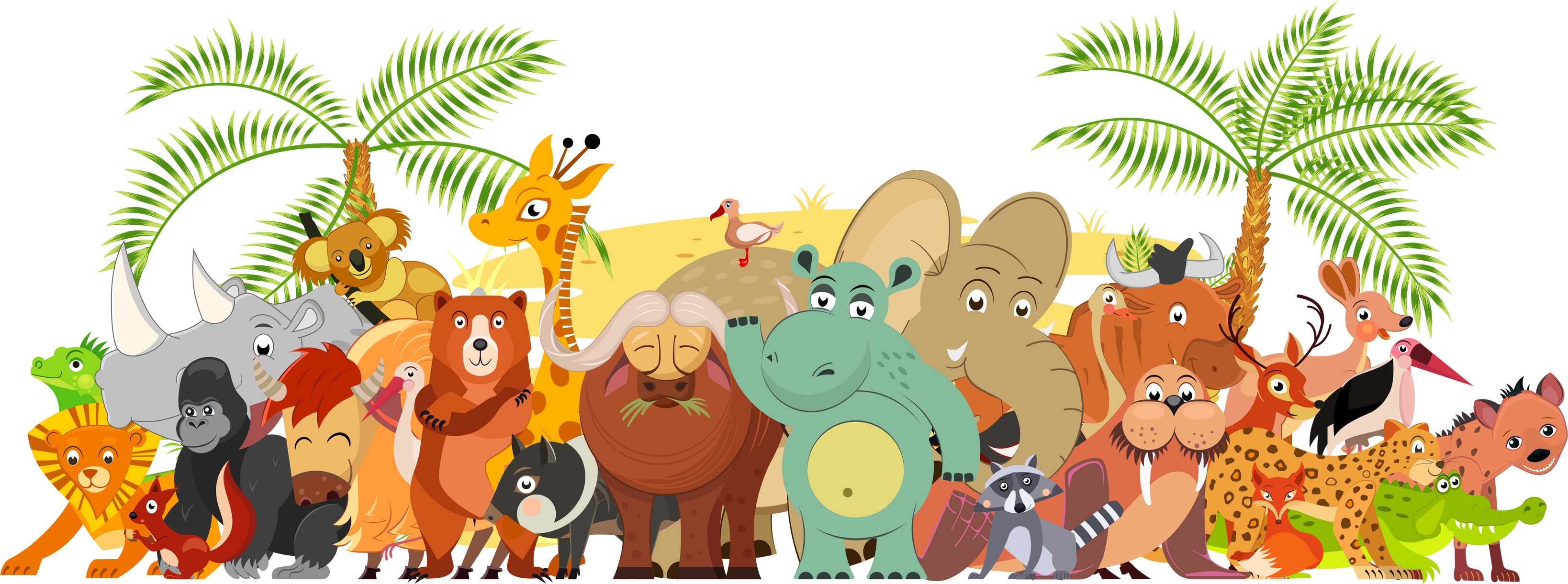 Large group of animals in cartoon flat style stand together. World fauna.